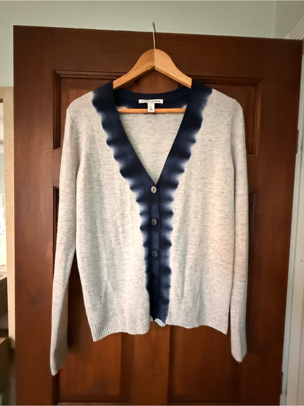Autumn Cashmere Heather Gray Cardigan with Navy Scalloped Trim